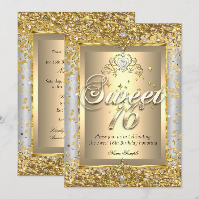 Princess Sweet 16 Gold Silver Grey Party Invitation (Front/Back)