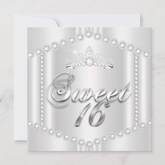 Princess Sweet 16 Party Silver White Diamond Trim Invitation (Front)
