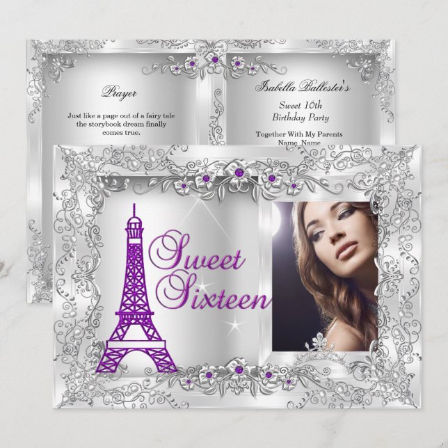 Princess Sweet 16 purple Silver Photo Party Invitation (Front/Back)