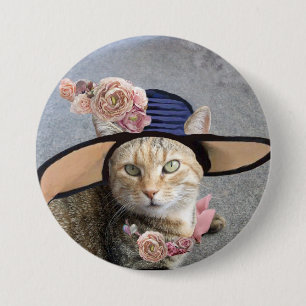 PRINCESS TATUS /ELEGANT CAT,BIG DIVA HAT AND ROSES 3 INCH ROUND BUTTON