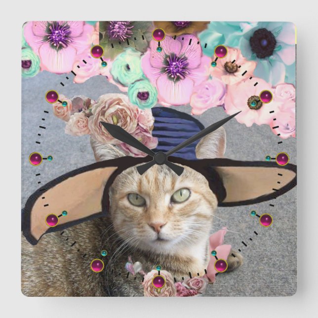 PRINCESS TATUS /ELEGANT CAT,BIG DIVA HAT AND ROSES SQUARE WALL CLOCK (Front)