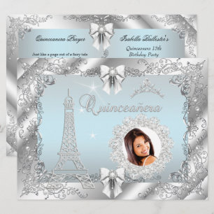Princess Teal Blue Quinceanera Silver Photo BIG Invitation