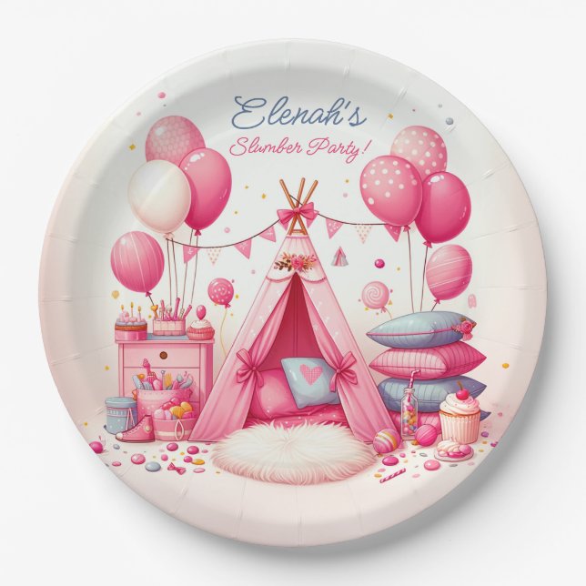 Princess Teepee & Pillows Slumber Birthday Party Paper Plate (Front)