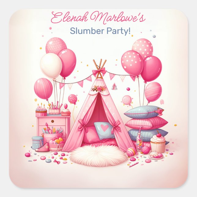 Princess Teepee & Pillows Slumber Birthday Party Square Sticker (Front)