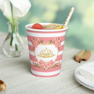 Princess Theme, Gold Glitter Crown and Pink Floral Paper Cups