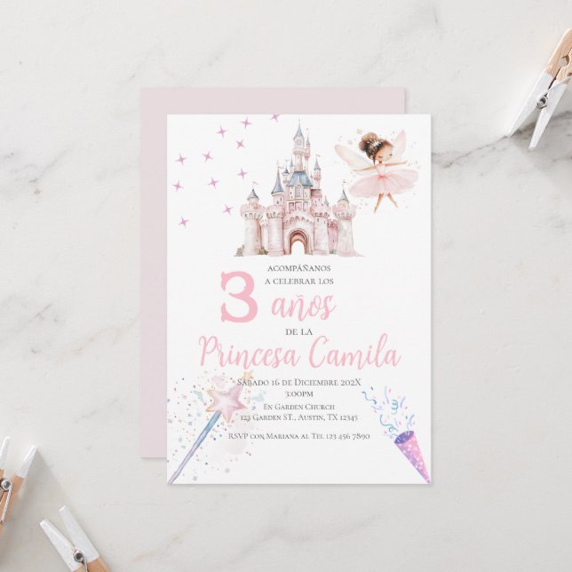 Princess Third Birthday Invitation at Her Castle (Front/Back In Situ)