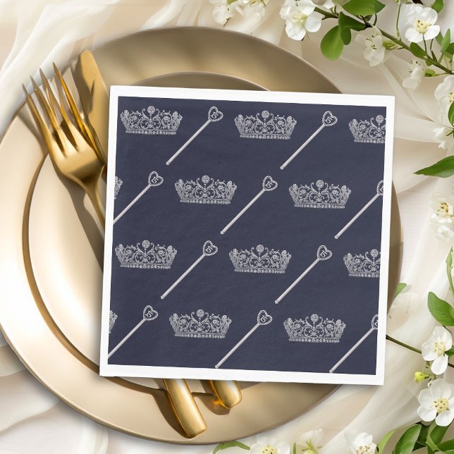 Princess Tiara 15 Sceptre Dark Blue Quinceanera Napkin (15th birthday napkins from the Princess Dress and Roses Quinceanera collection by Darling & May)
