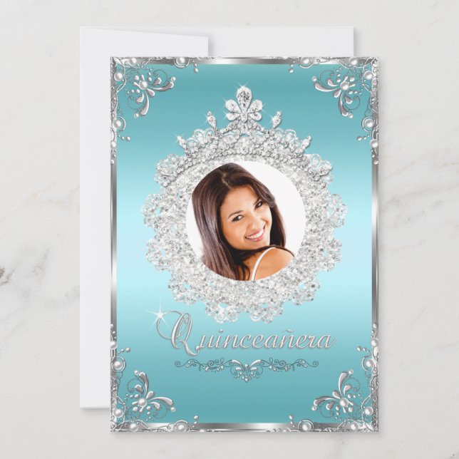 Princess Tiara Blue Silver Sparkle Quinceanera Invitation (Front)