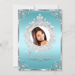 Princess Tiara Blue Silver Sparkle Quinceanera Invitation