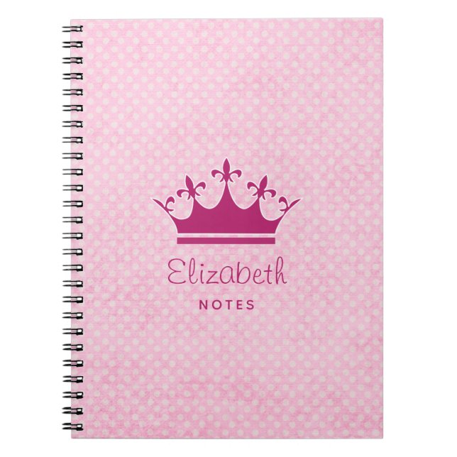Princess Tiara Crown on White Polka Dots On Pink Notebook (Front)