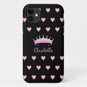 Princess Tiara Crown & Pink Hearts on Black iPhone 11 Case