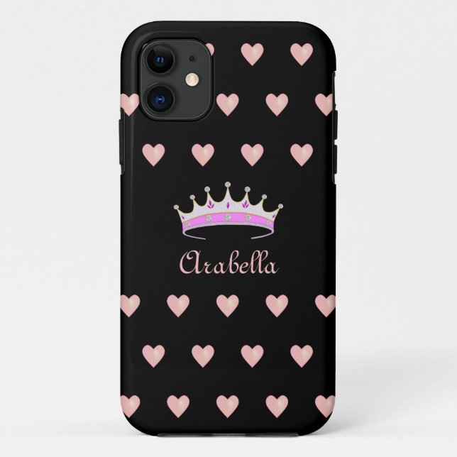 Princess Tiara Crown & Pink Hearts on Black Case-Mate iPhone Case (Back)