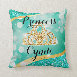 Princess Tiara Glitter Bling Bokeh aqua Throw Pillow