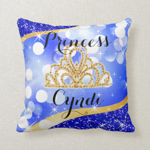 Princess Tiara Glitter Bling Bokeh   blue Throw Pillow