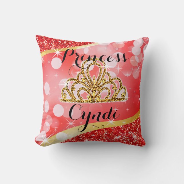 Princess Tiara Glitter Bling Bokeh | red Throw Pillow (Front)