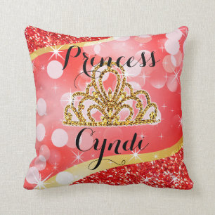 Princess Tiara Glitter Bling Bokeh   red Throw Pillow