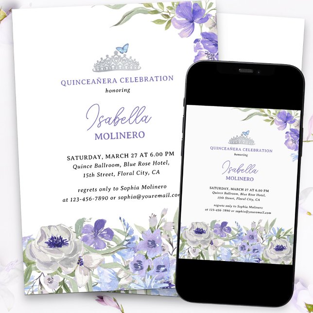 Princess Tiara Purple Peri Floral Quinceanera Invitation (Purple floral quinceanera invitation with silver tiara and butterfly)