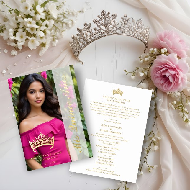 Princess Tiara Quinceañera Photo Fancy Calligraphy (Spanish Princess Tiara Quinceañera Photo Fancy Calligraphy Script Real Golden Metallic Luxurious)