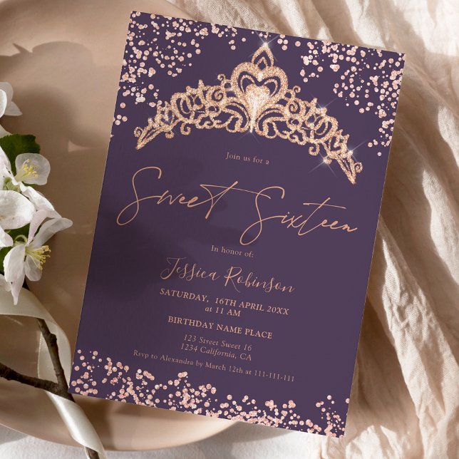 Princess tiara rose gold glitter photo Sweet 16 Invitation (Creator Uploaded)