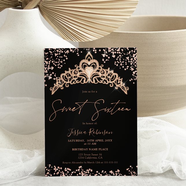 Princess tiara rose gold glitter photo Sweet 16 Invitation (Creator Uploaded)