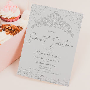 Princess tiara silver glitter grey photo Sweet 16 Invitation