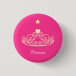 Princess tiara, star & calligraphy on pink 1 inch round button