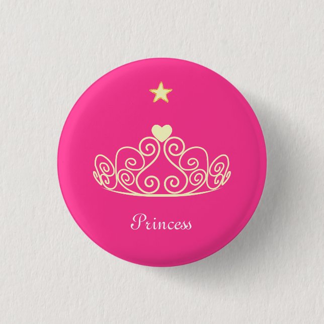Princess tiara, star & calligraphy on pink 1 inch round button (Front)