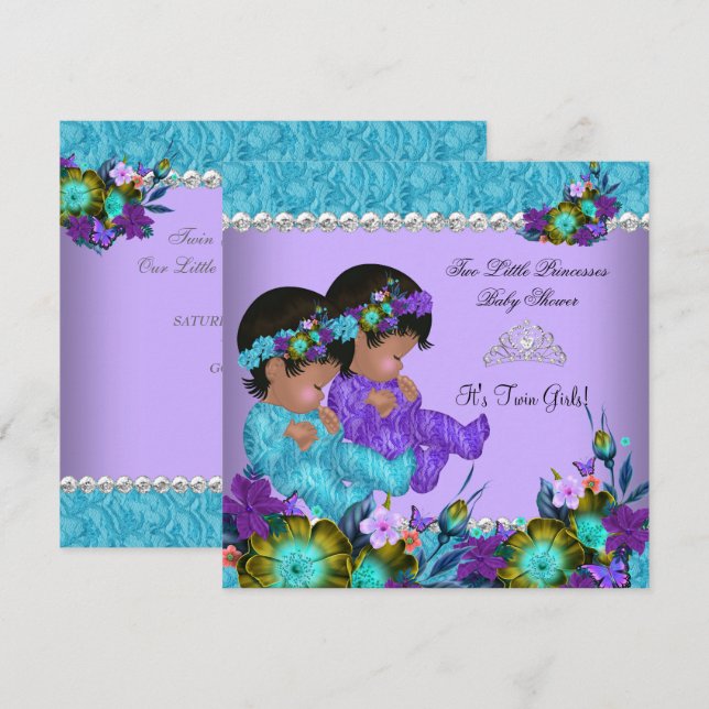 Princess Twin Baby Shower Teal Blue Purple Invitation (Front/Back)