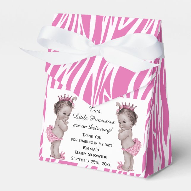 Princess Twins Baby Shower Pink Zebra Pattern Favor Box (Front Side)