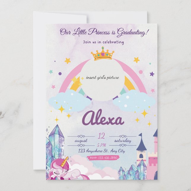 Princess Unicorn Graduation Invitation for Girls (Front)