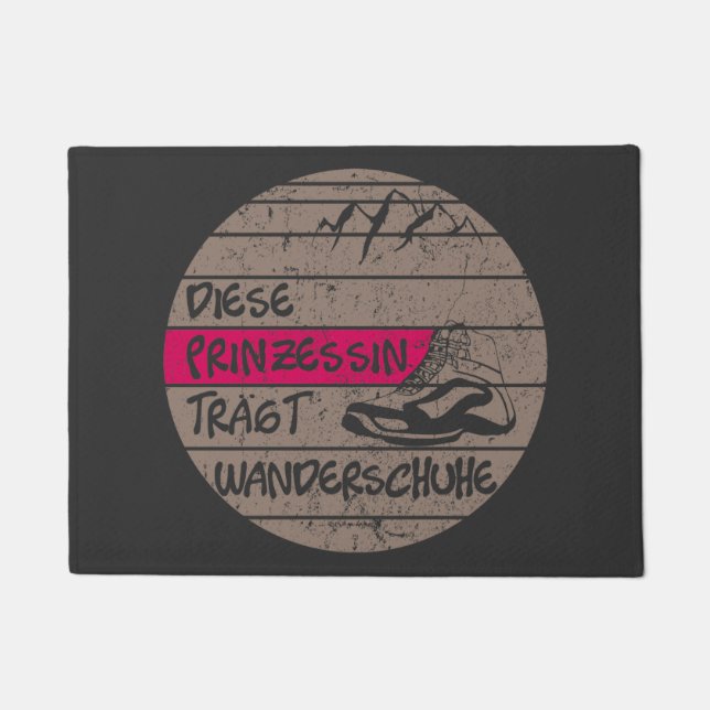 Princess wears hiking shoes, sunset doormat (Front)
