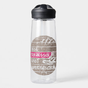 Princess wears hiking shoes, sunset water bottle