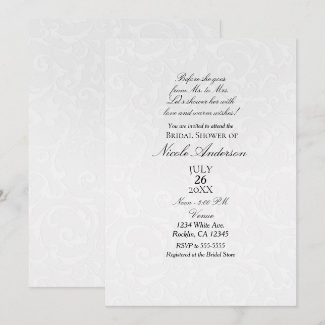 Princess White Damask Storybook Bridal Shower Invitation (Front/Back)