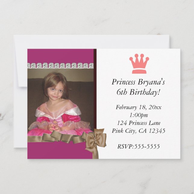 Princess with Crown and Bow Party Photo Invitation (Front)