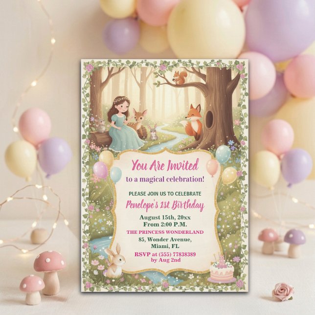 Princess with Forest Animals 1st Birthday Party Invitation (Creator Uploaded)