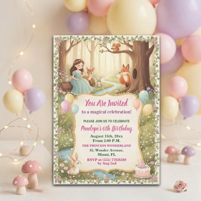 Princess with Forest Animals 6th Birthday Party Invitation (Creator Uploaded)