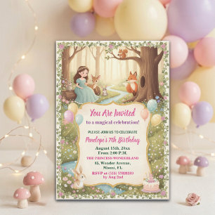 Princess with Forest Animals 7th Birthday Party Invitation