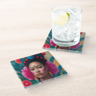 Princess with pink flower cheeks glass coaster