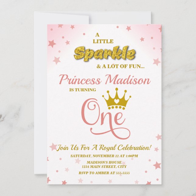 Princesse 1er Anniversaire Invitation Étincelle Or (Devant)