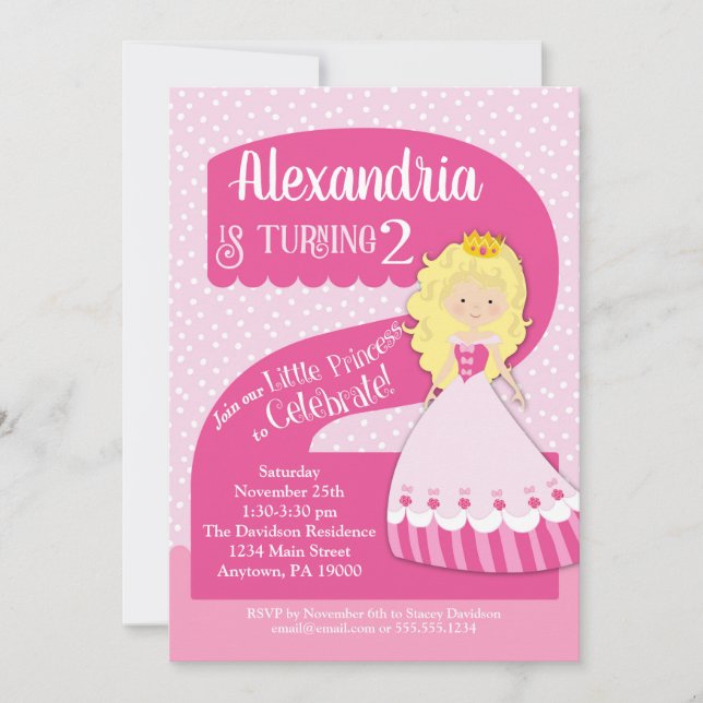Princesse 2e anniversaire Invitation Blonde Girl (Devant)