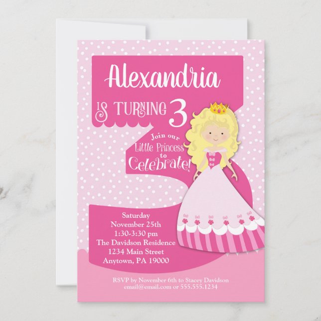 Princesse 3e anniversaire Invitation Blonde Girl (Devant)