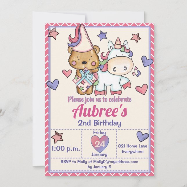 Princesse Bear et Unicorn Invitation d'anniversair (Devant)