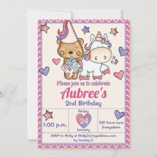 Princesse Bear et Unicorn Invitation d'anniversair