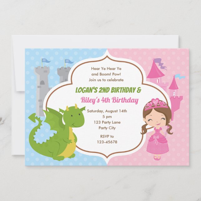 Princesse & Dragon Invitations Anniversaire Twins  (Devant)