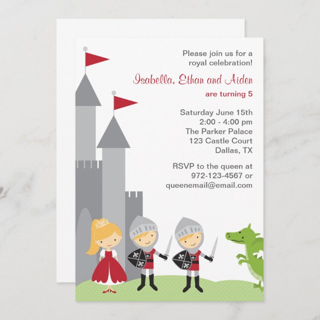 Princesse et Chevaliers Invitations d'anniversaire (Devant / Derrière)
