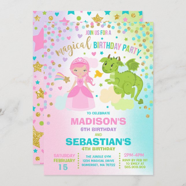 Princesse Et Dragon Anniversaire Invitation Frères (Devant / Derrière)