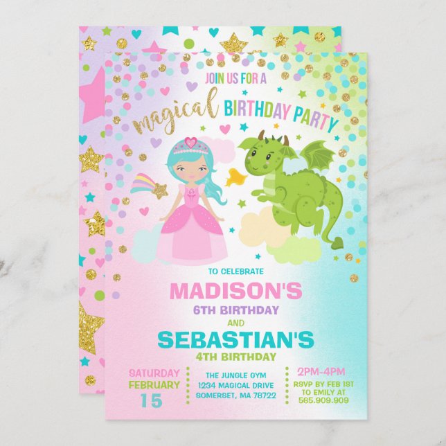 Princesse Et Dragon Anniversaire Invitation Frères (Devant / Derrière)