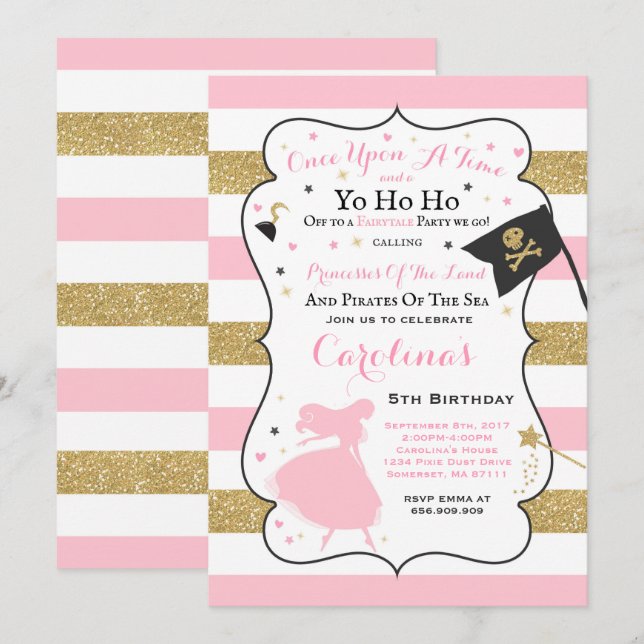 Princesse Et Pirate Invitation Anniversaire (Devant / Derrière)