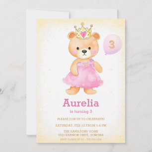 Princesse ours rose fille anniversaire Invitation