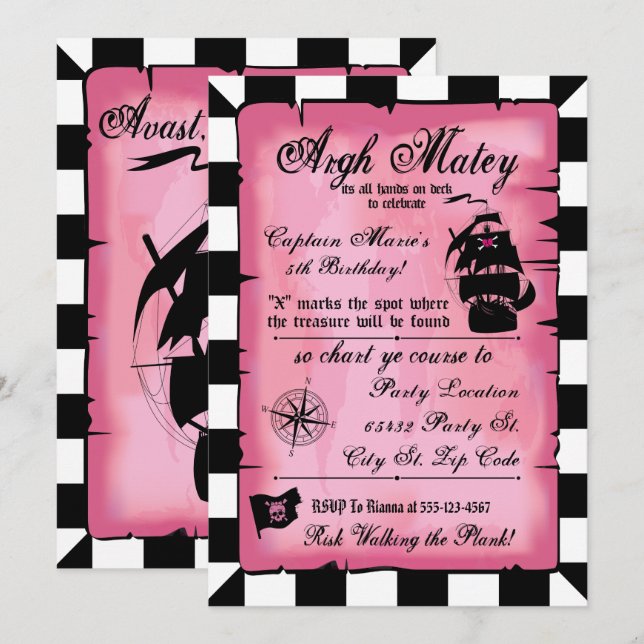 Princesse Pirate Rose Anniversaire, 5x7 Invitation (Devant / Derrière)